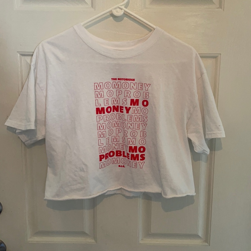 Cropped white t shirt/ words on the front/ size L